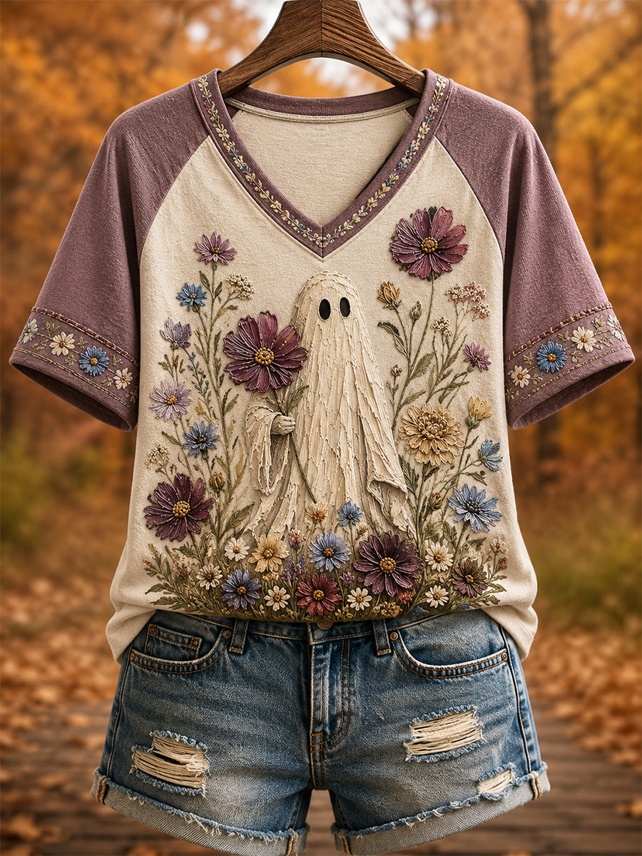 Camiseta casual de outono feminina com estampa fofa de fantasma e gola em V