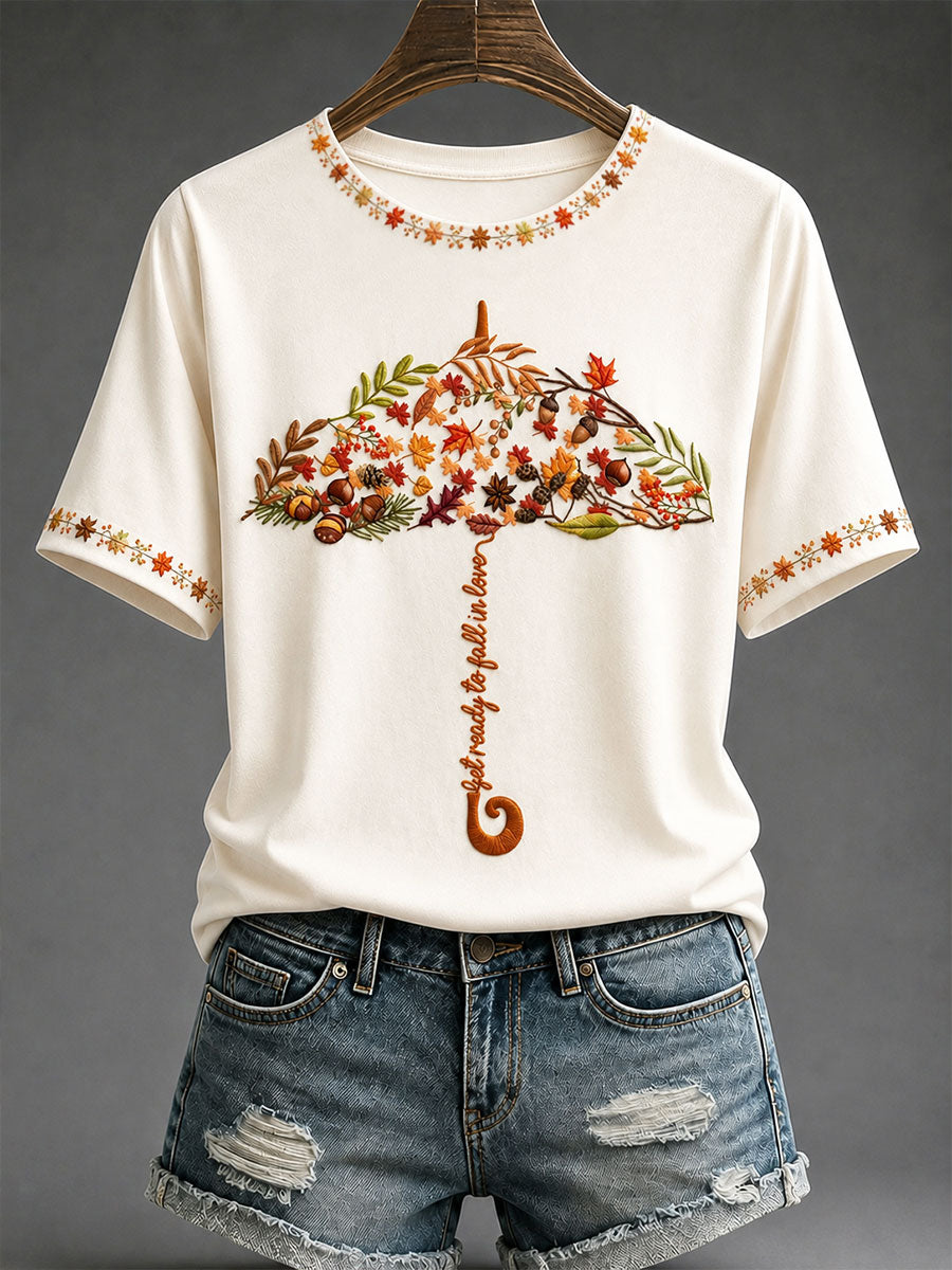 Camiseta casual feminina com estampa “Outono sob o guarda-chuva”