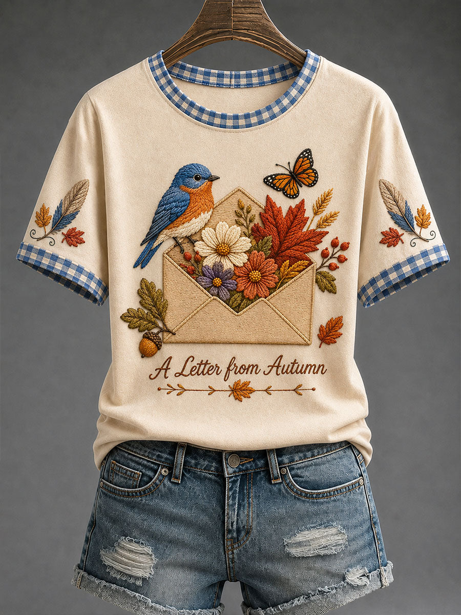Camiseta casual feminina com estampa “Uma Carta do Outono”