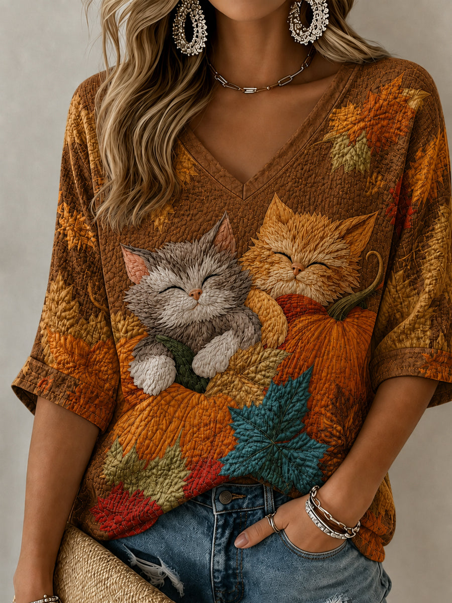 Outono gato bonito do mulheres Maple Leaf abóbora meados de comprimento mangas v-Neck t-shirt