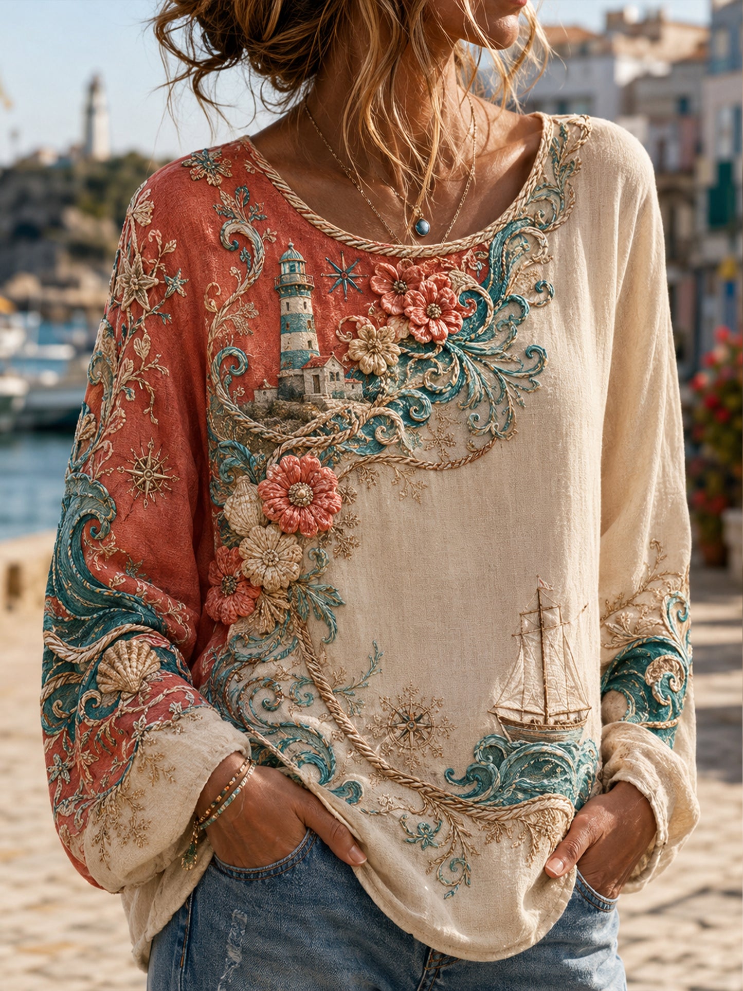 Blusa feminina portuguesa de manga comprida, com tema náutico e estampa artística