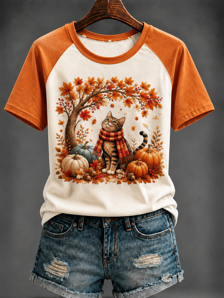 Camiseta feminina de outono com estampa de gato fofo