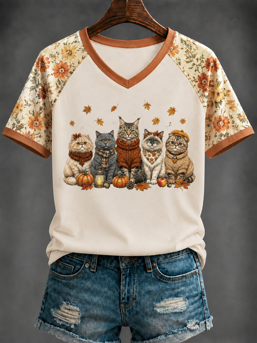 Camiseta feminina de outono com estampa de gato e decote em V