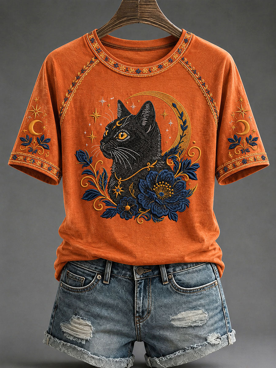 Gato bonito das mulheres imprime camiseta casual