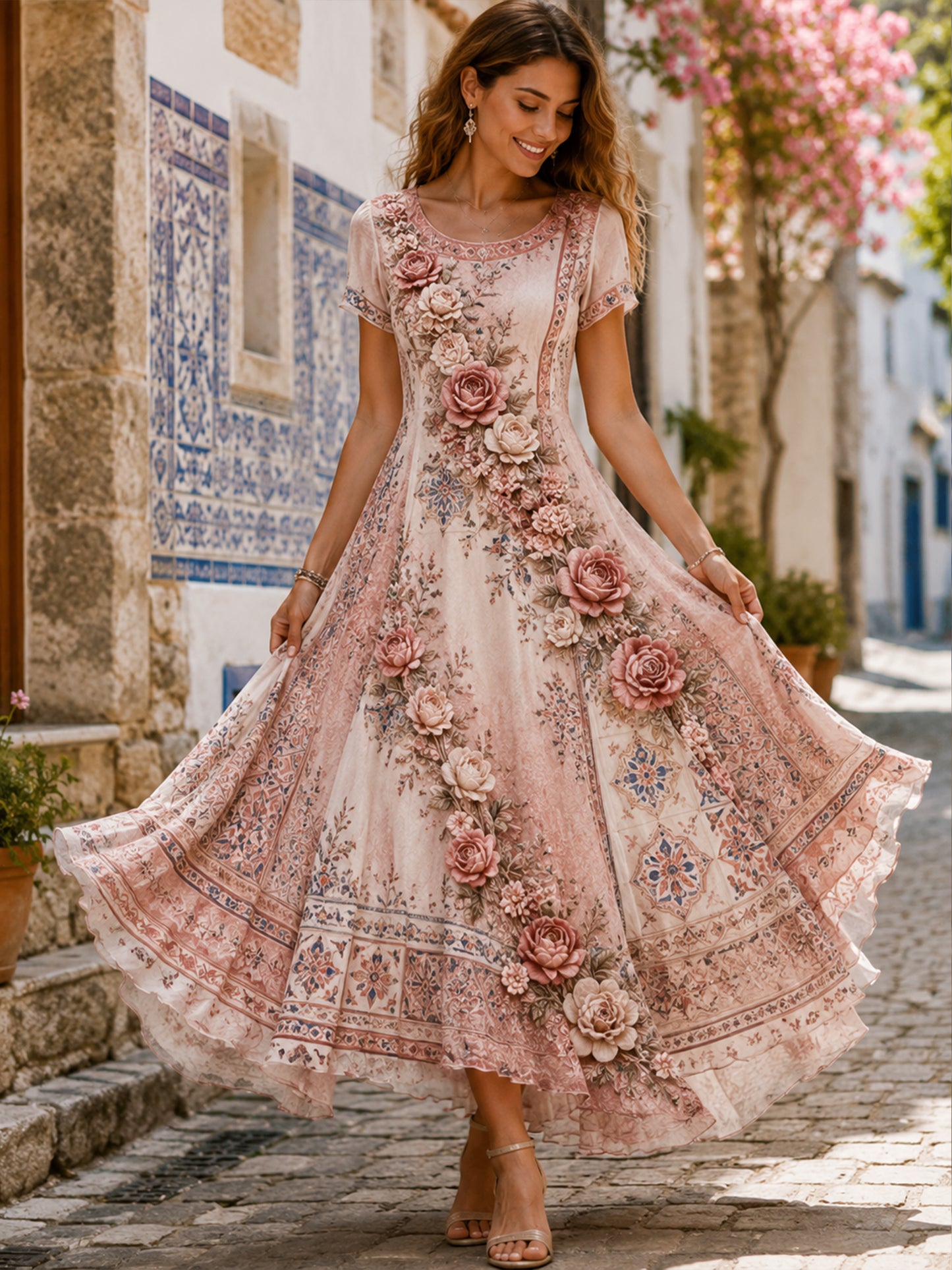 Mulheres Azulejo Português Elemento Cultural Vestido Estampado Arte