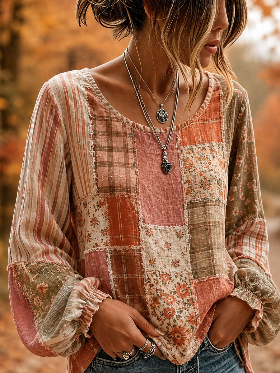 Camisa feminina de outono em patchwork artístico