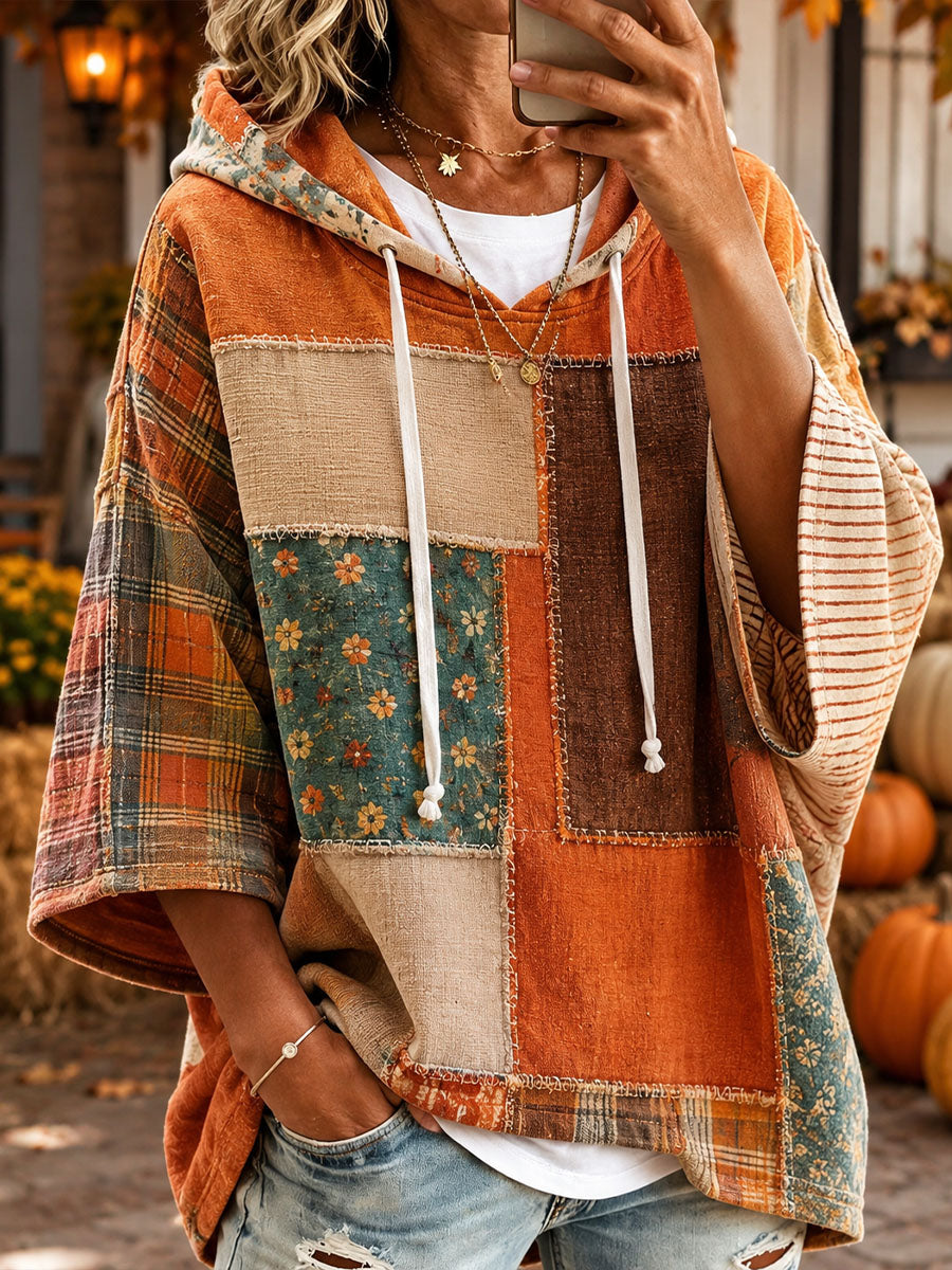 Moletom com Capuz Feminino de Outono com Estampa em Patchwork