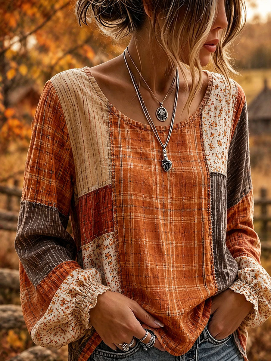 Camisa feminina de outono em patchwork, em algodão e linho com estampa artística