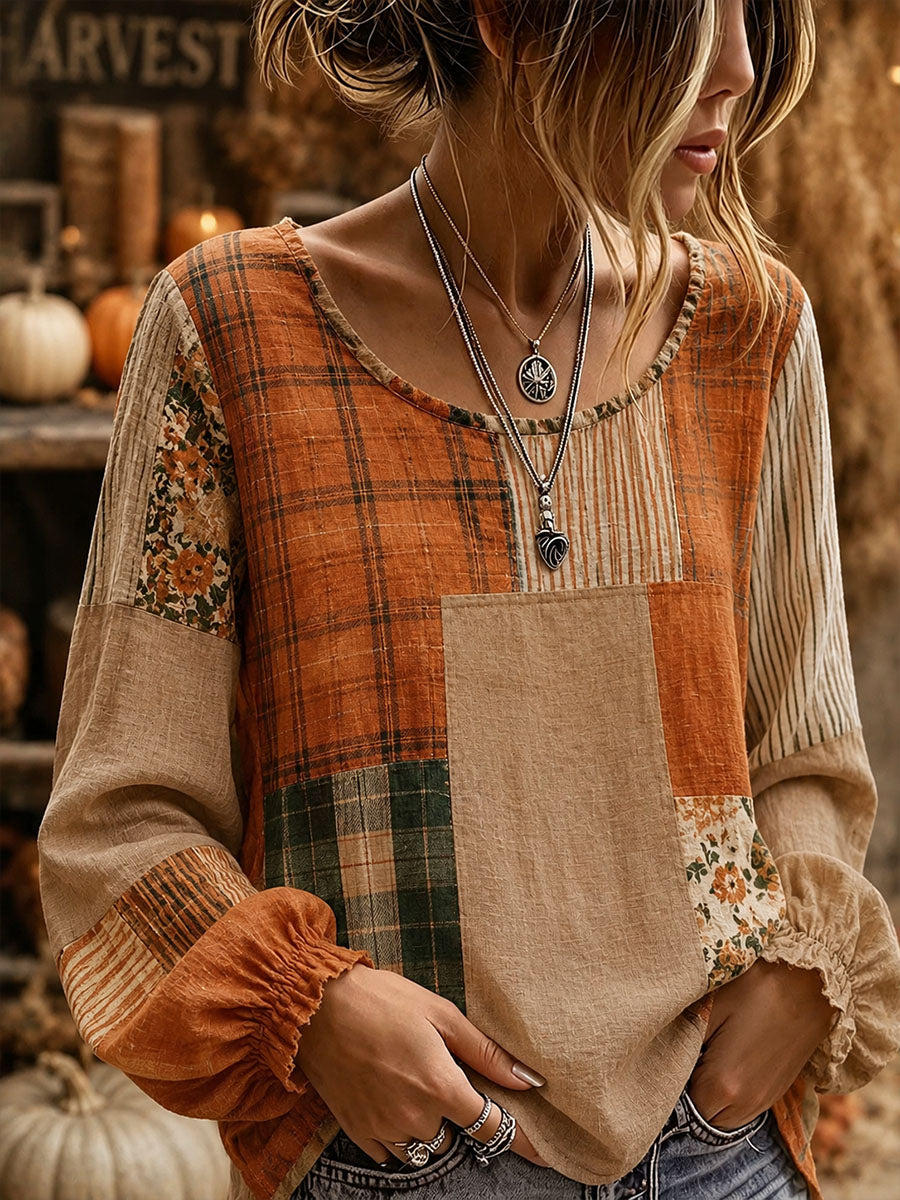 Camisa feminina da arte do patchwork queda
