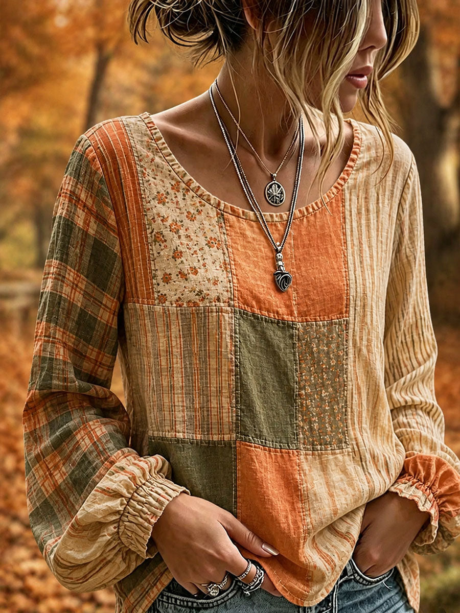 Outono Patchwork Art algodão camisa de linho feminino
