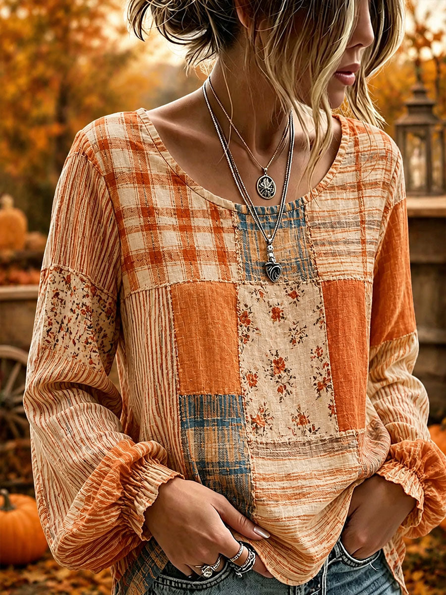 Camisa feminina de outono em patchwork, em algodão e linho com estampa artística