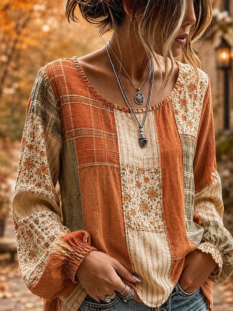 Camisa feminina de outono em patchwork, em algodão e linho com estampa artística