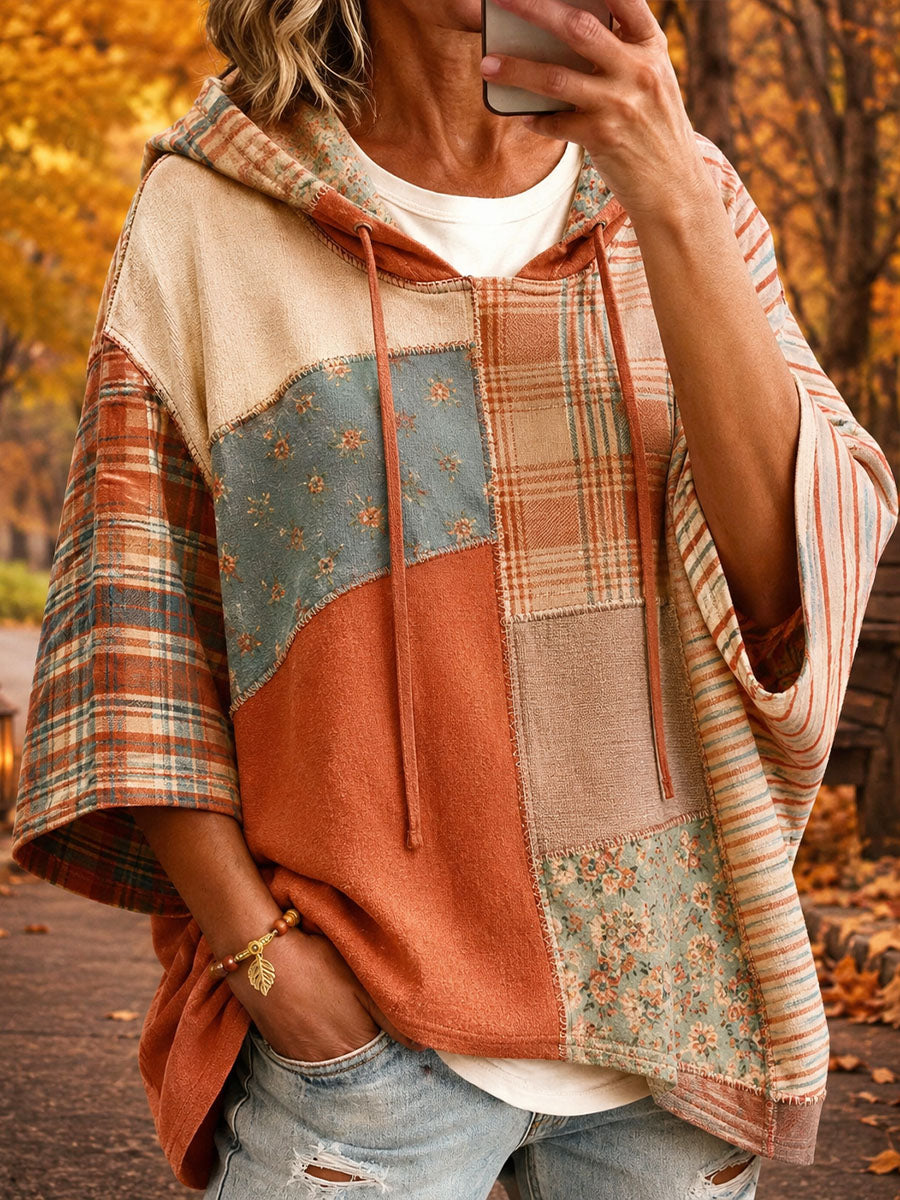 Moletom com Capuz Feminino de Outono com Estampa em Patchwork