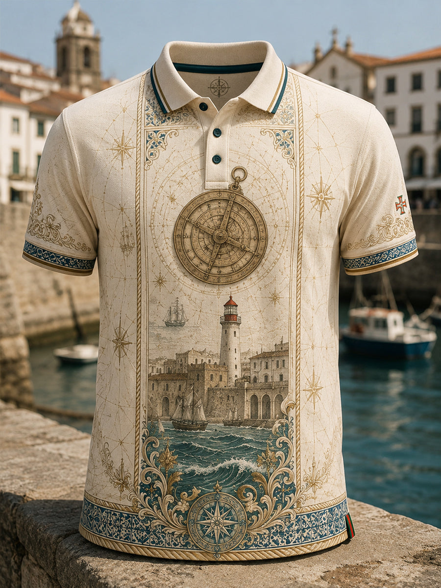 Polo com Estampa Artística de Elementos Culturais Marítimos Portugueses para Homens