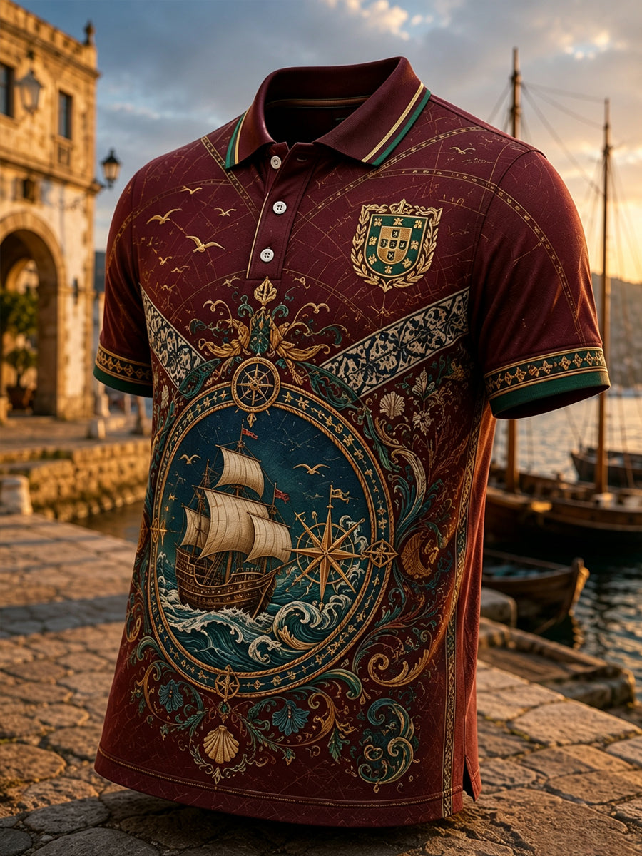Polo com Estampa Artística de Elementos Culturais Marítimos Portugueses para Homens