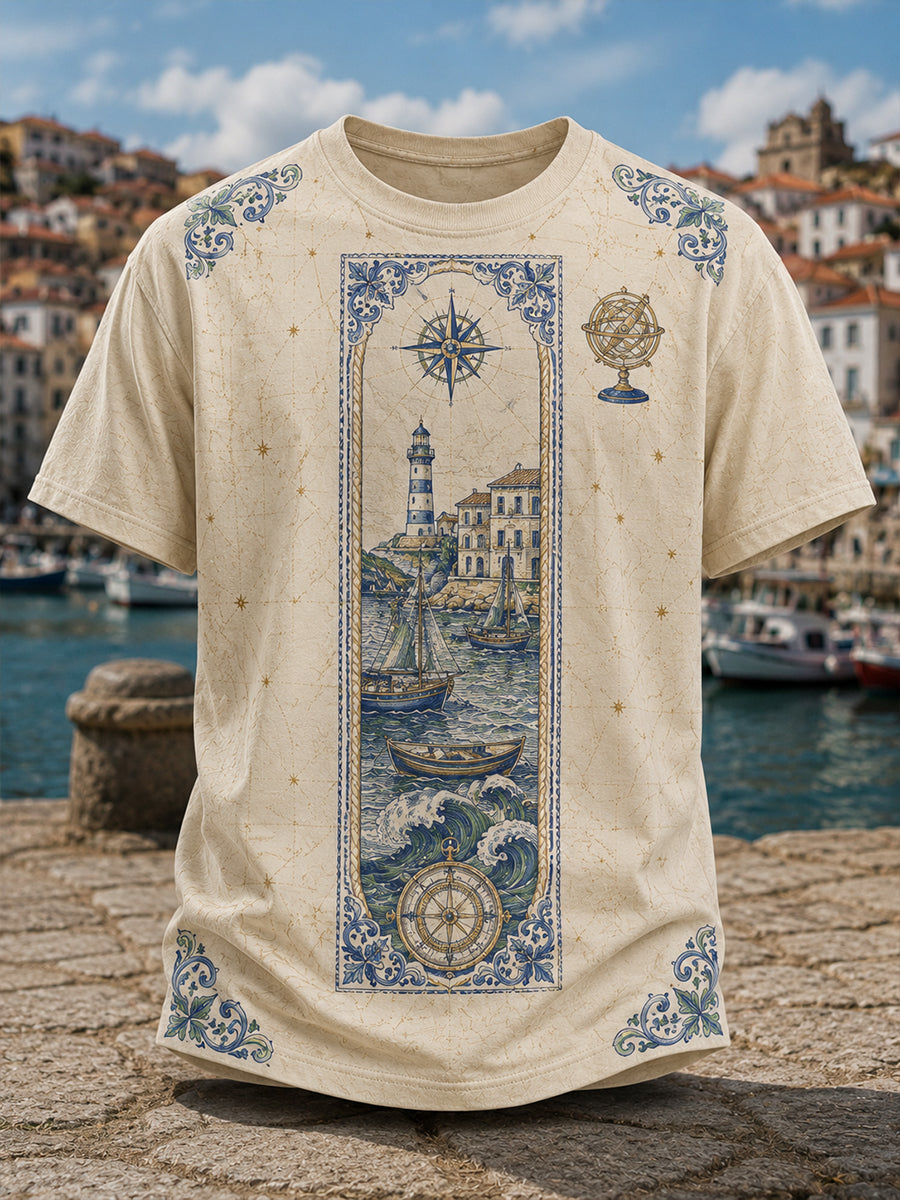 Camiseta com estampa artística de elementos culturais marítimos portugueses para homens