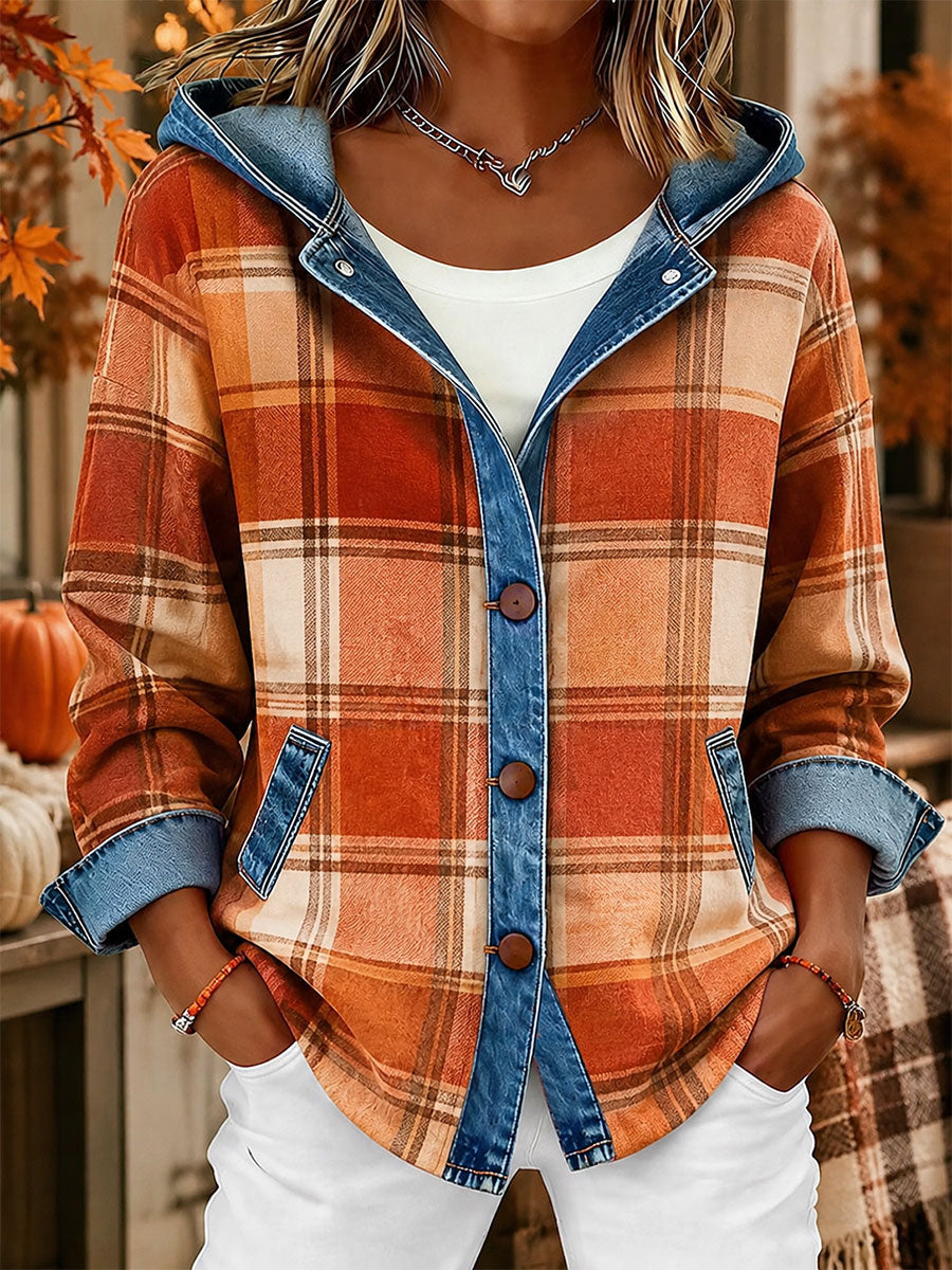 Cardigã de outono feminino com estampa xadrez, patchwork em jeans e capuz