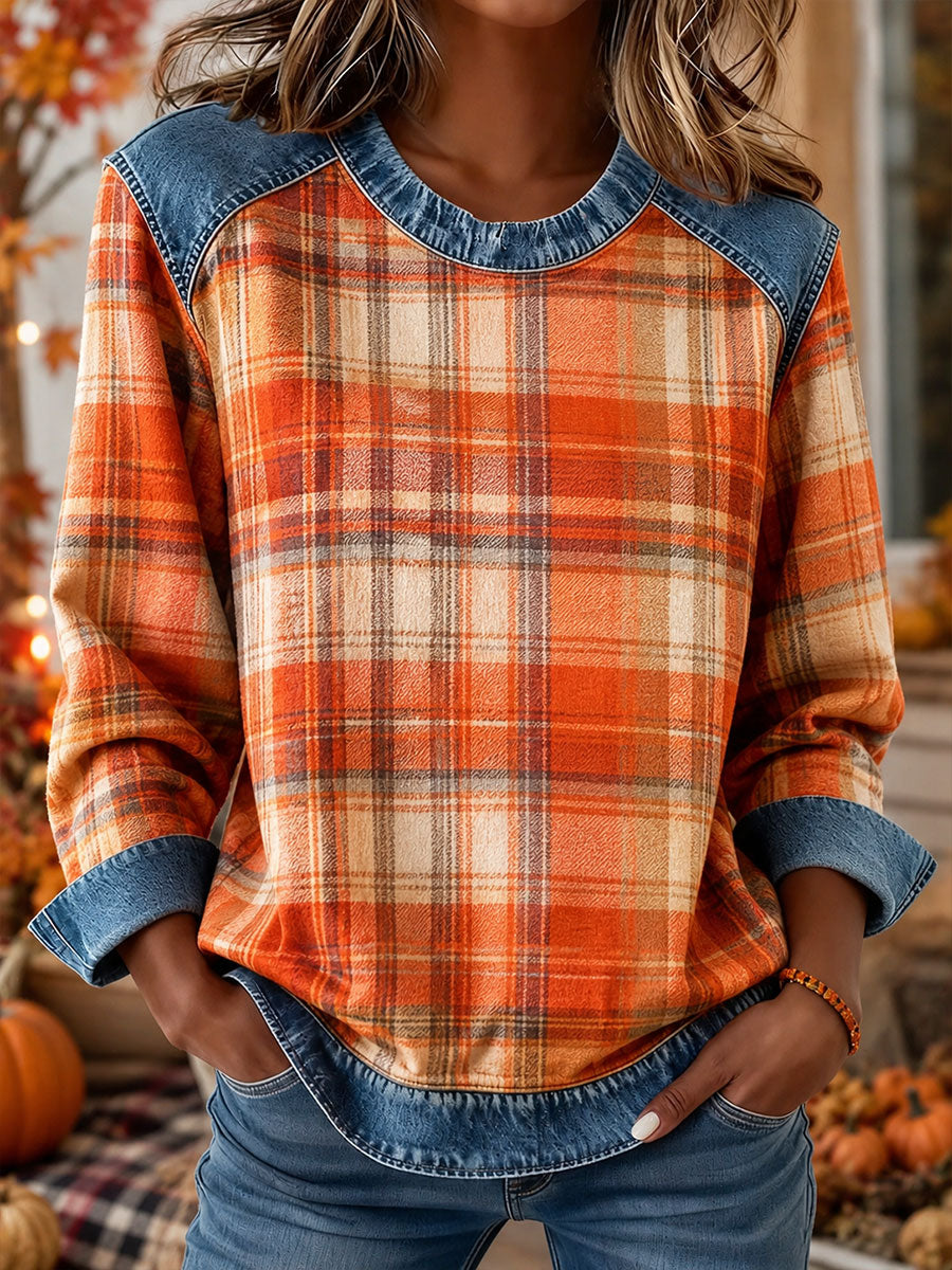 Blusa feminina de outono em jeans com estampa xadrez e patchwork