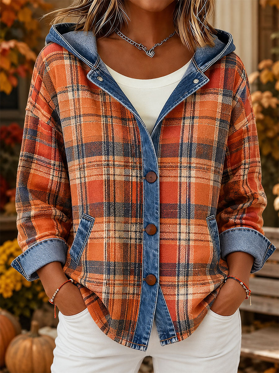 Cardigã de outono feminino com estampa xadrez, patchwork em jeans e capuz