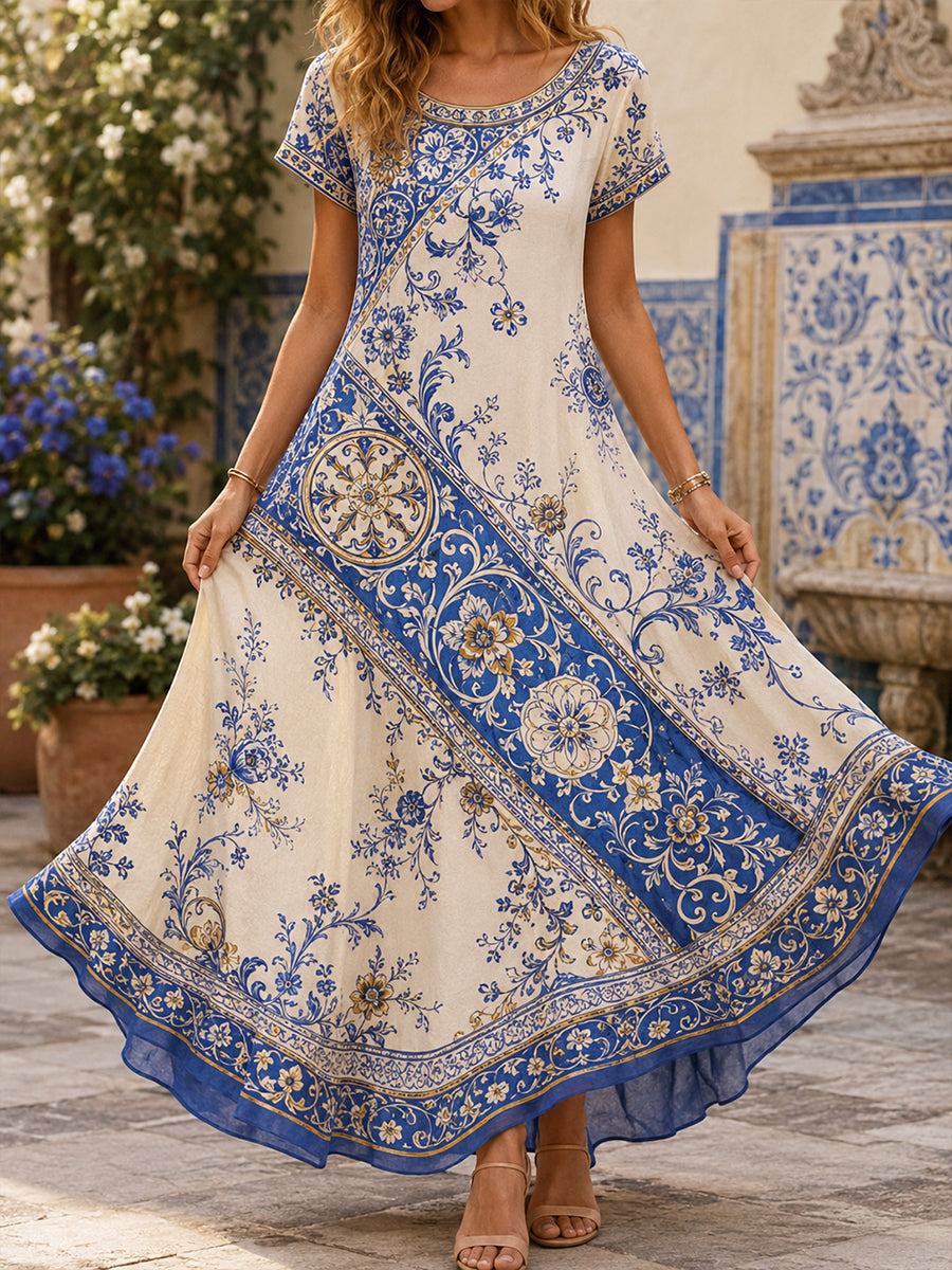 Vestido com Estampa Artística de Elemento Cultural de Azulejos Portugueses para Mulheres