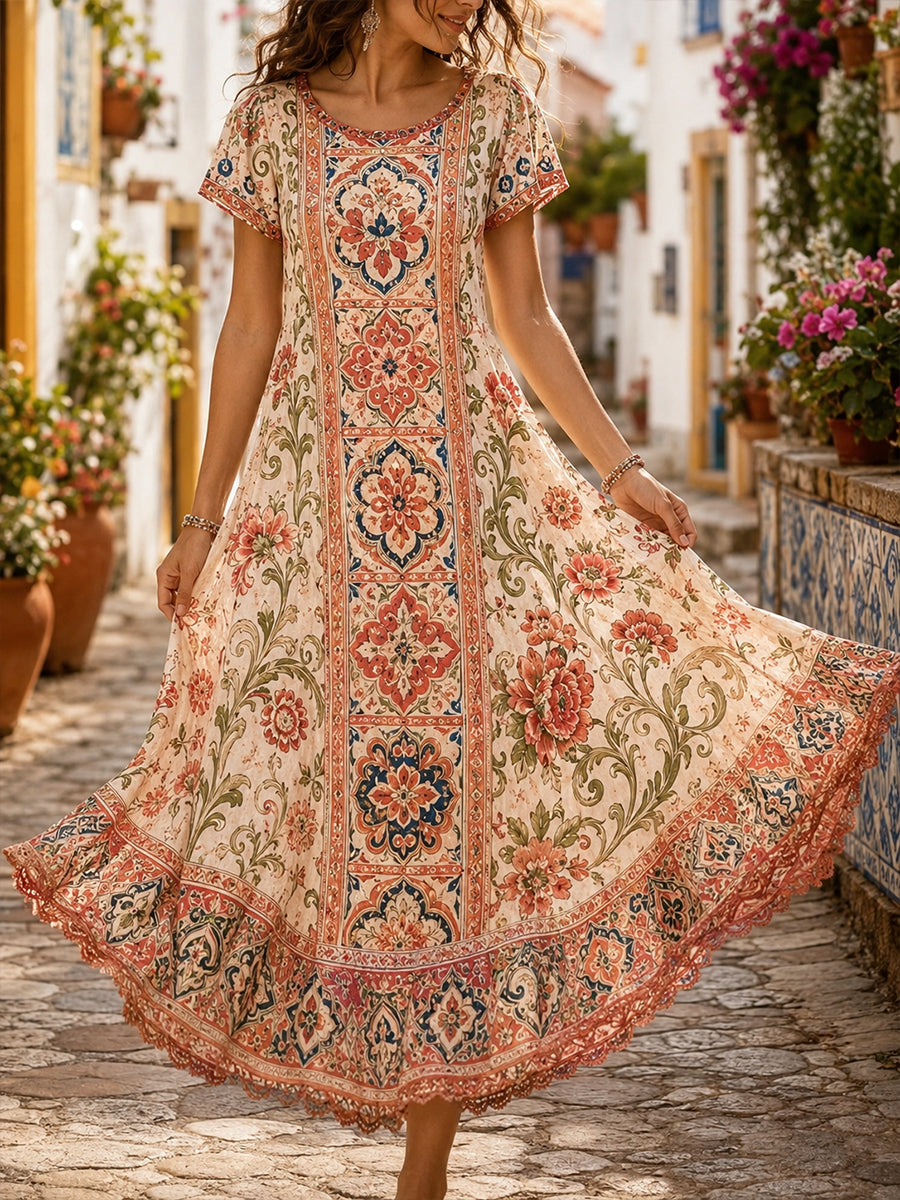 Vestido com Estampa Artística de Elemento Cultural de Azulejos Portugueses para Mulheres