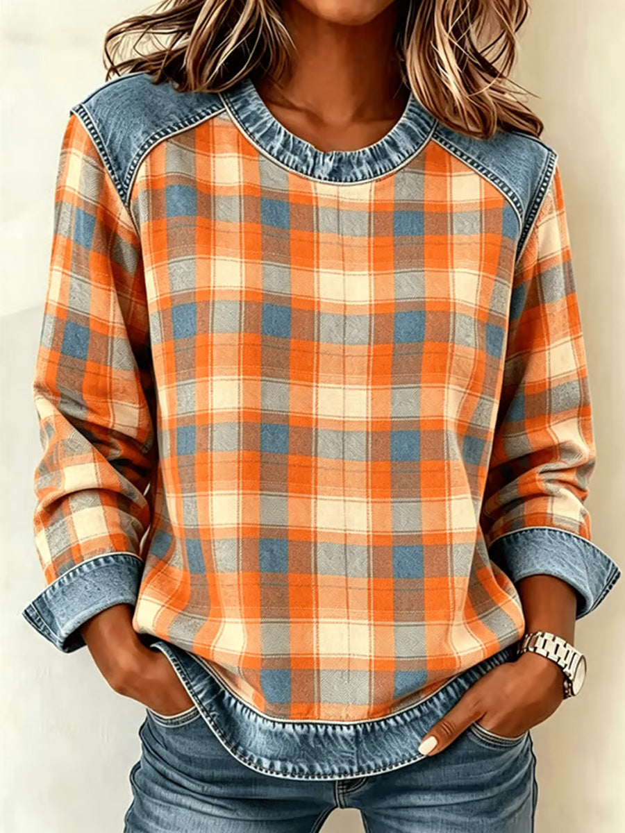 Autumn Plaid impressão Casual Tee das mulheres