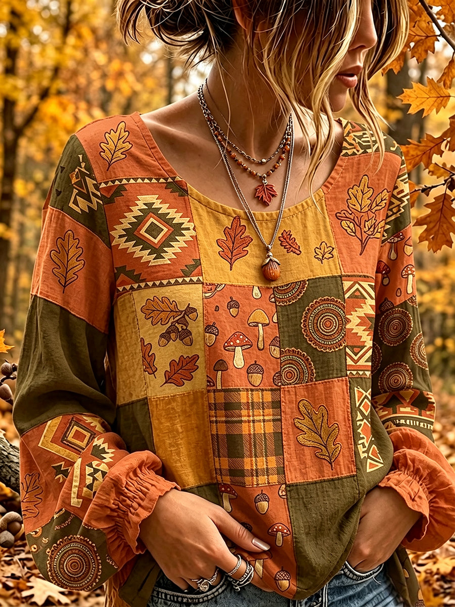 Camisa feminina vintage de outono em algodão-linho com estampa étnica em patchwork