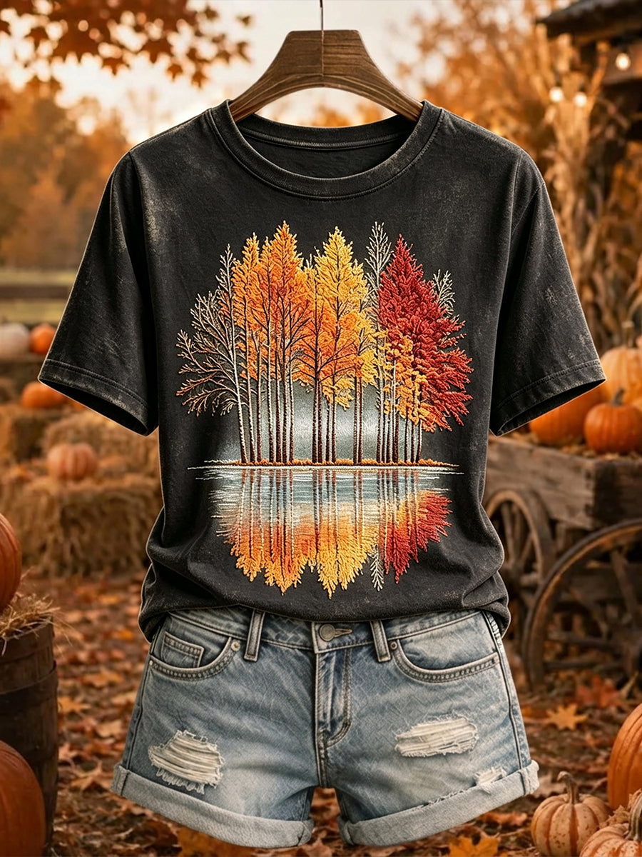 Árvores de outono Vintage feminino imprimem camiseta de manga curta aconchegante