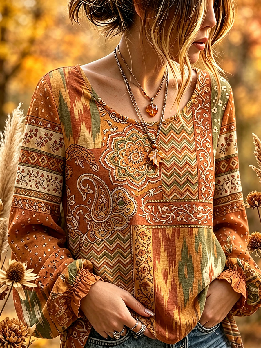 Vintage outono Patchwork étnica impressão algodão-linho camisa do mulheres