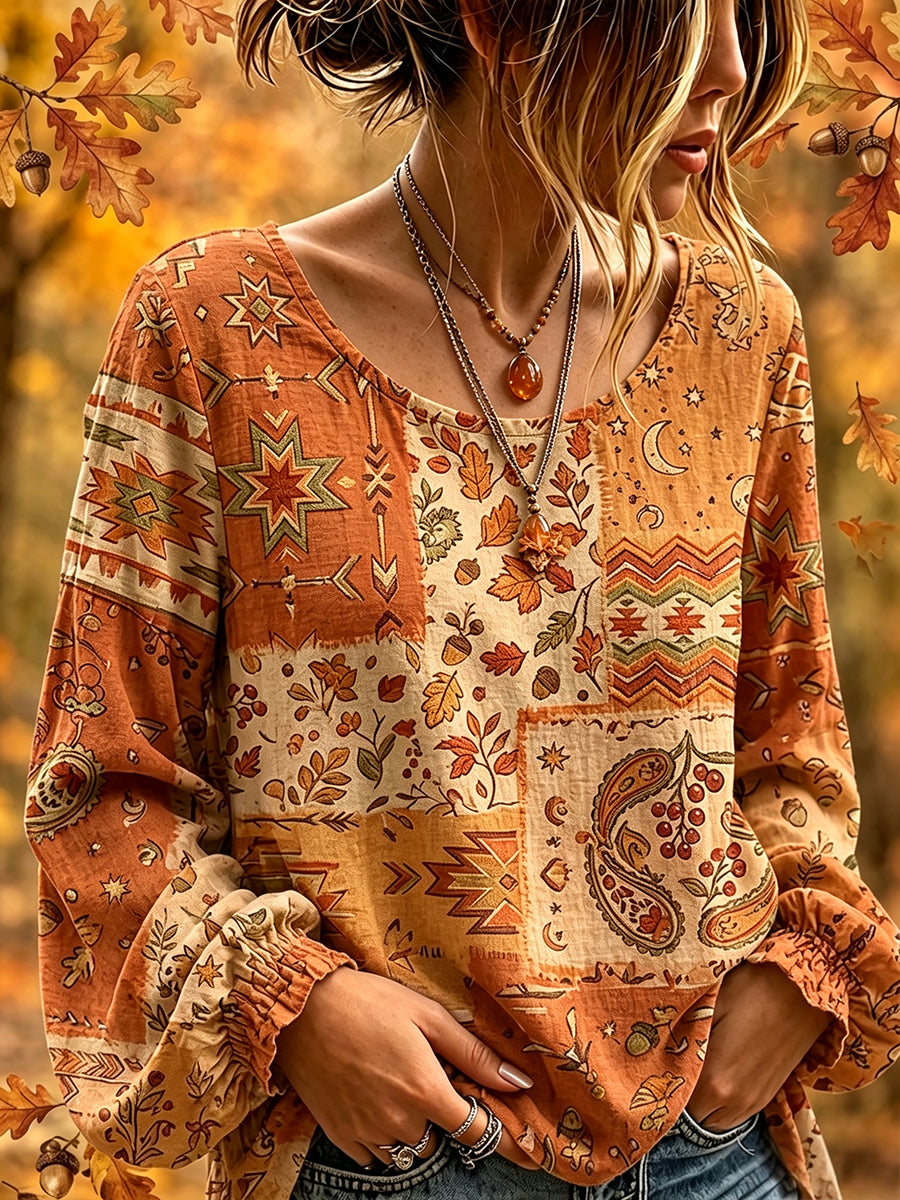 Camisa feminina vintage de outono em algodão-linho com estampa étnica em patchwork