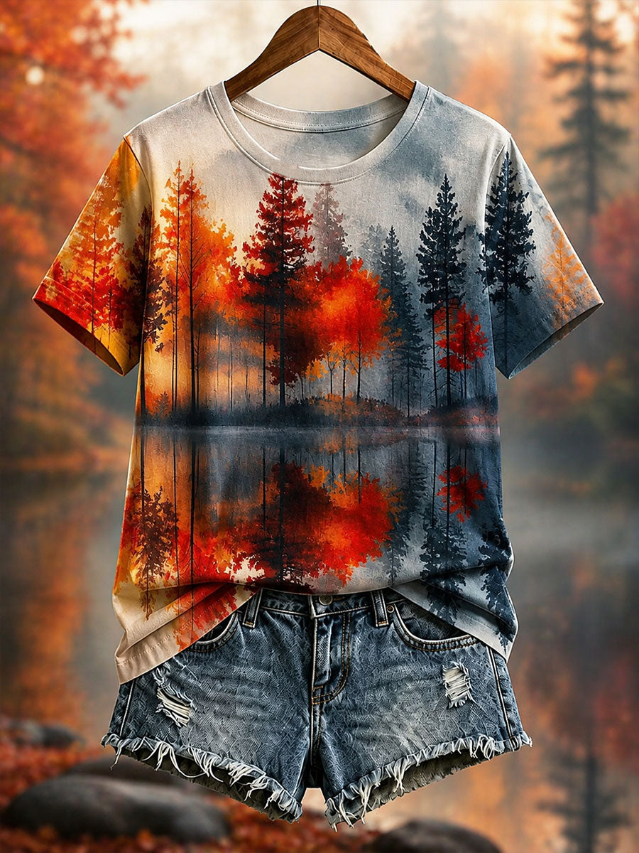 Camiseta de manga curta feminina com estampa de floresta outonal