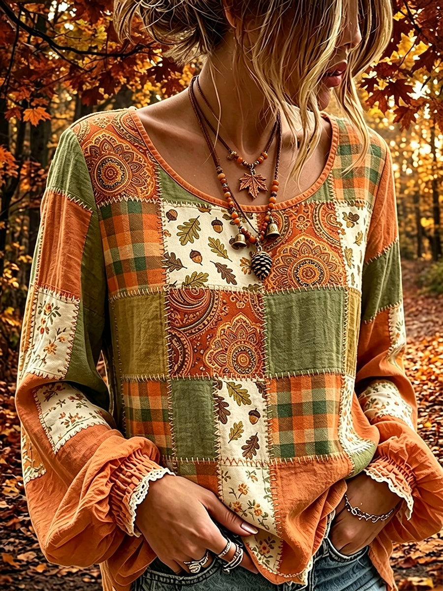 Vintage outono Floral Patchwork impressão algodão-linho camisa do mulheres