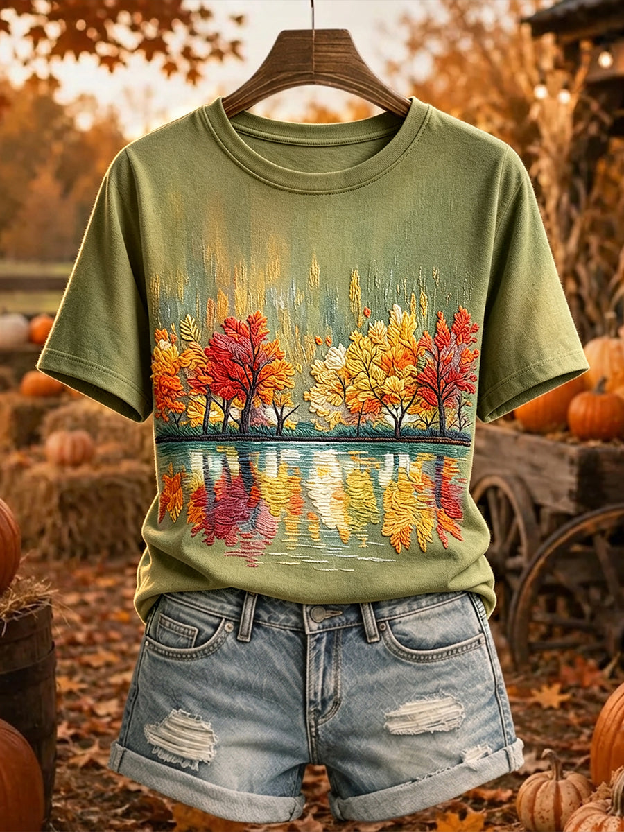 Camiseta feminina vintage de outono com estampa de árvores e mangas curtas