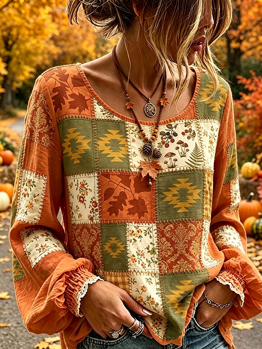 Vintage queda étnica Patchwork impressão algodão-linho camisa do mulheres