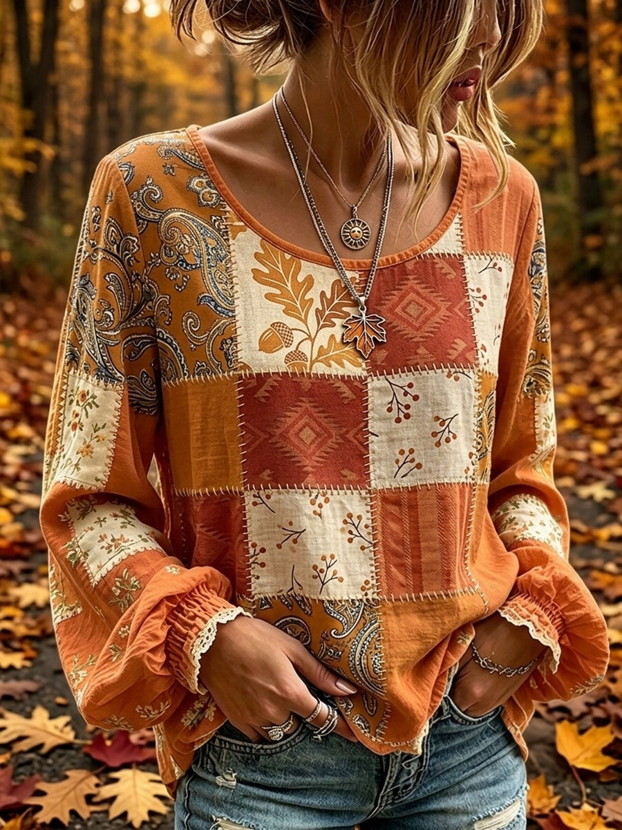 Camisa feminina vintage de outono em algodão-linho, com estampa floral em patchwork