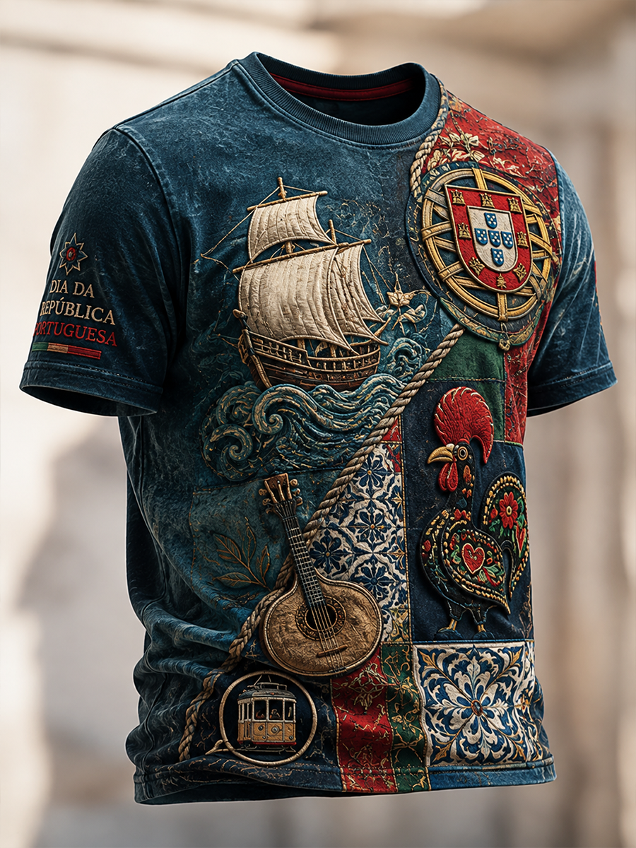 Camiseta masculina de mangas curtas do Dia do Aniversário da República de Portugal
