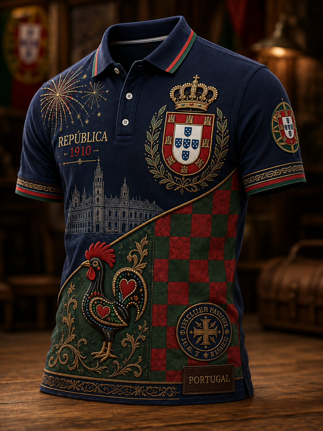 Camisa de Manga Curta Masculina do Dia do Aniversário da República de Portugal