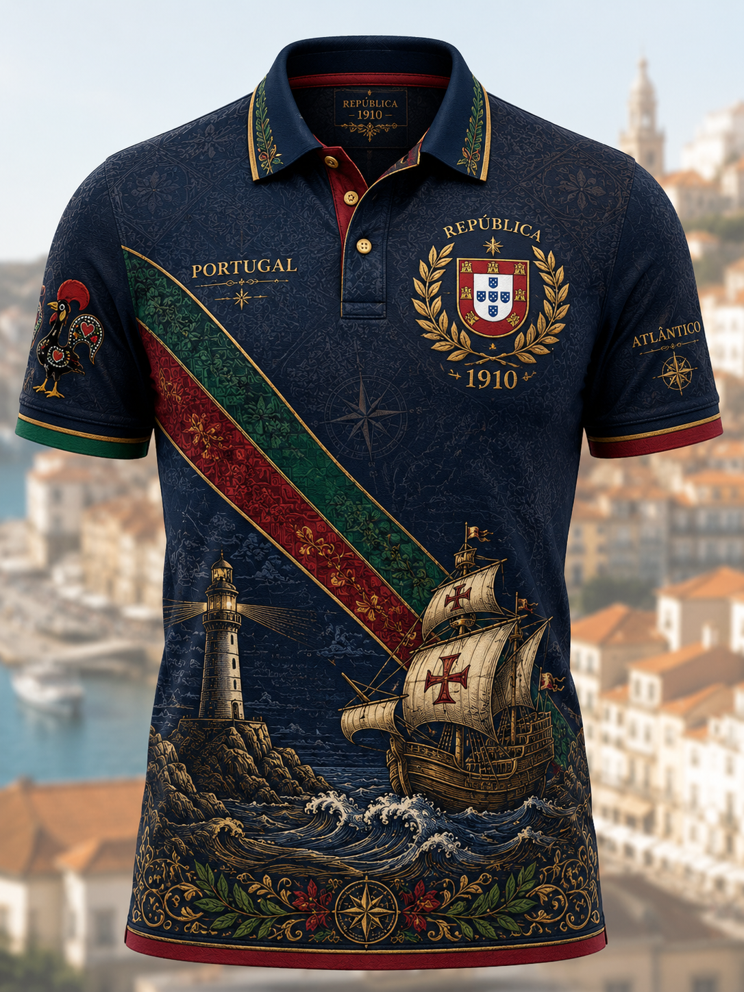 Camisa de Manga Curta Masculina do Dia do Aniversário da República de Portugal