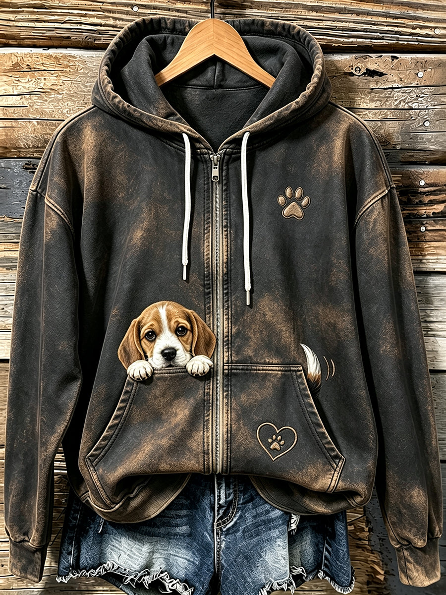 Bonito Beagle Peeking & pata impressão acolhedor Zip-Up Hoodie das mulheres
