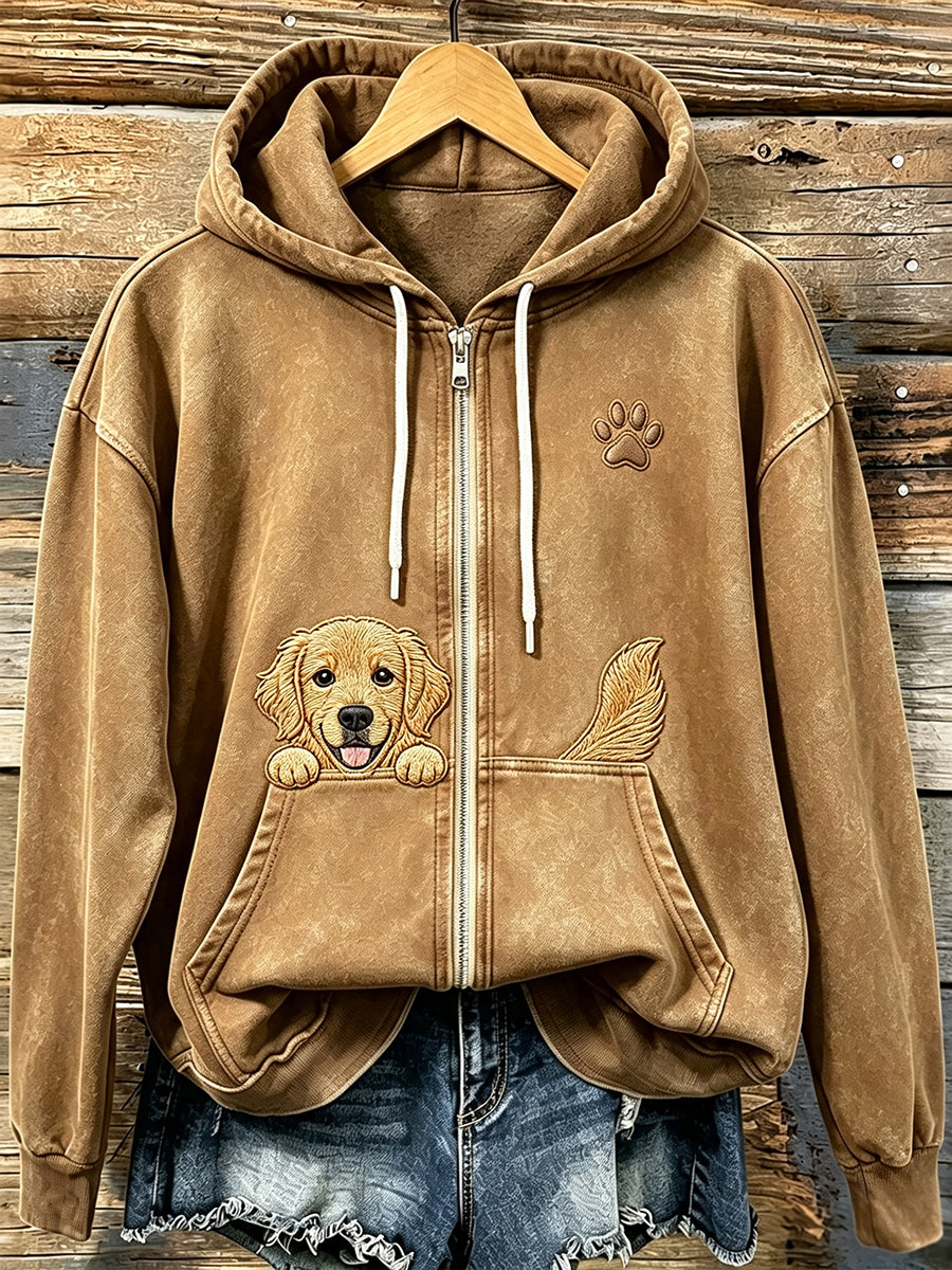 Espreitar bonito Golden Retriever feminino com Hoodie Zip-Up acolhedor impressão de pata