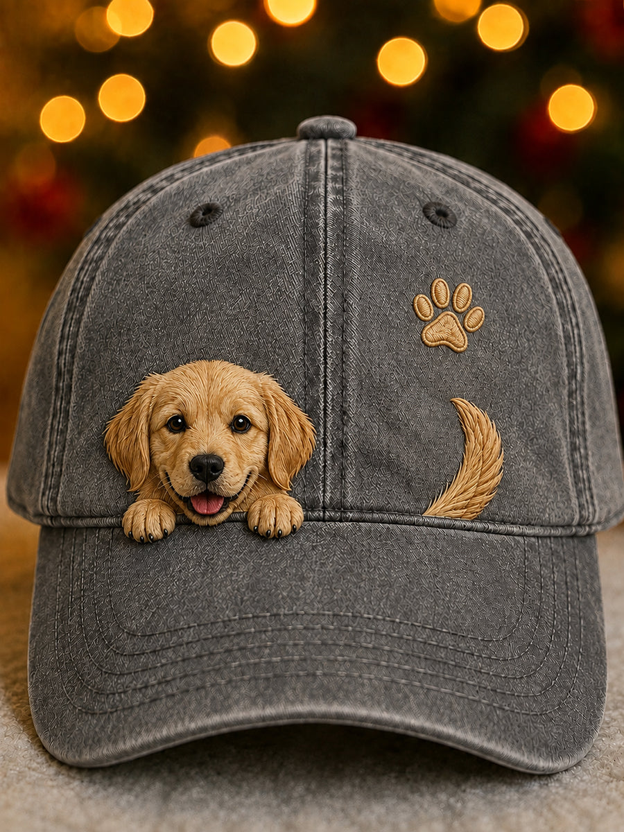 Boné unissex com desenho fofo de Golden Retriever espiando e estampa de pegada