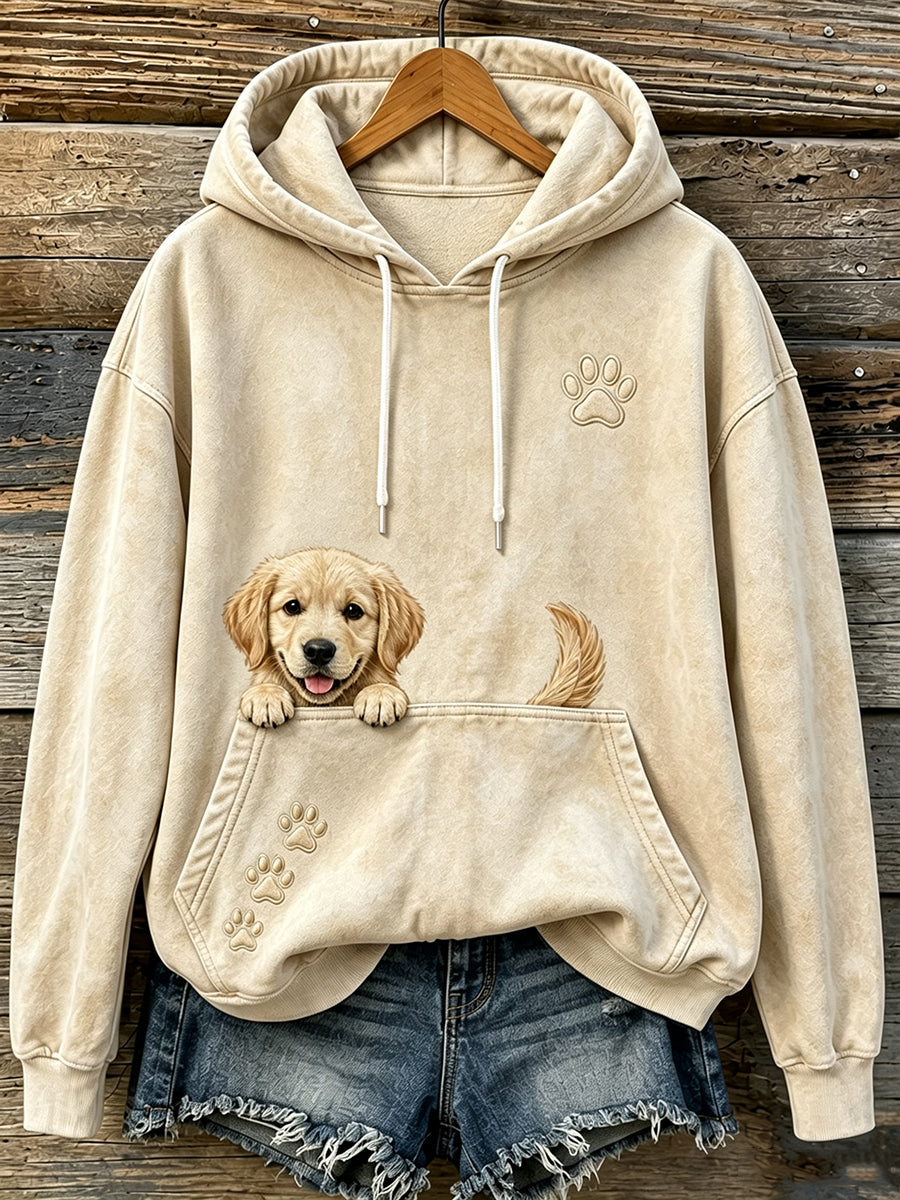 Moleton Confortável Feminino com Estampa Fofa de Golden Retriever Escondido e Patinhas