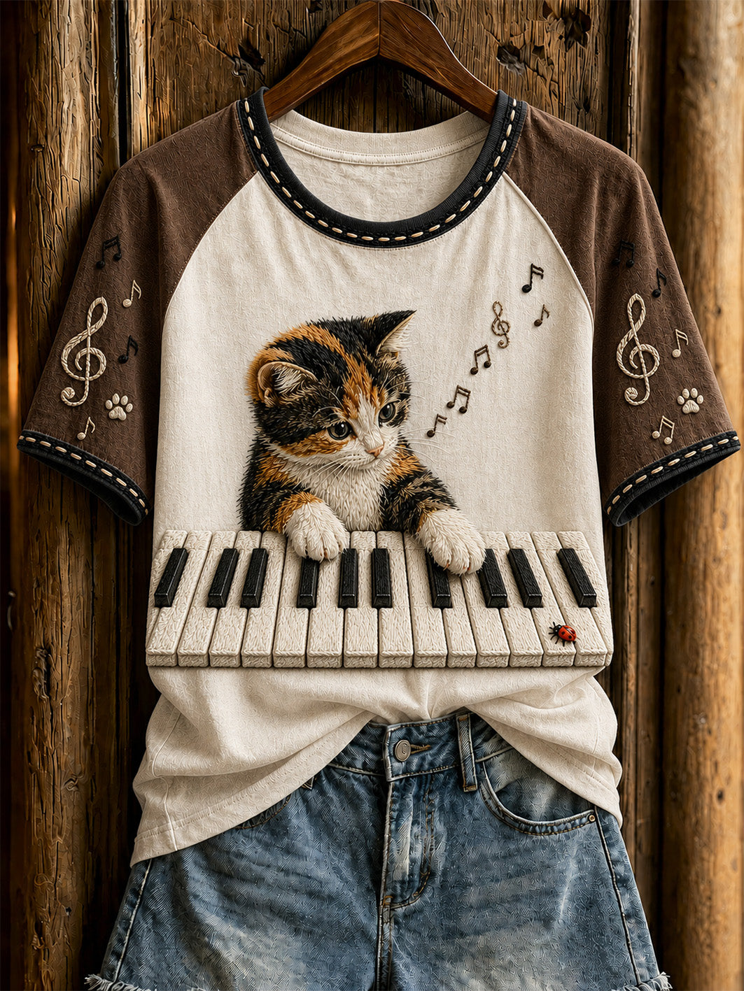 Gato bonito e piano das mulheres design casual de manga curta t-shirt