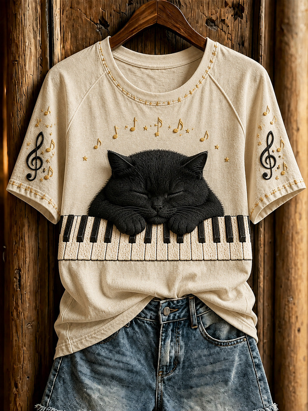 Camiseta casual de manga curta com estampa fofa de gato e piano para mulheres