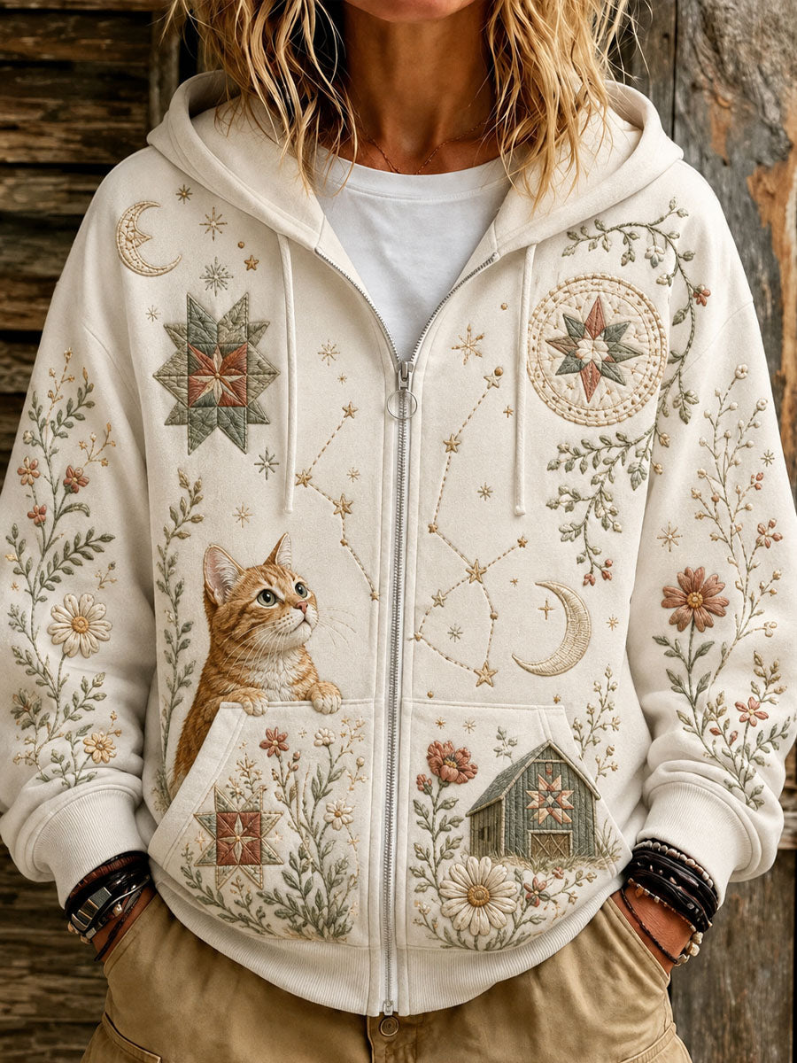 Constelação gato impressão casual moletom com capuz feminino