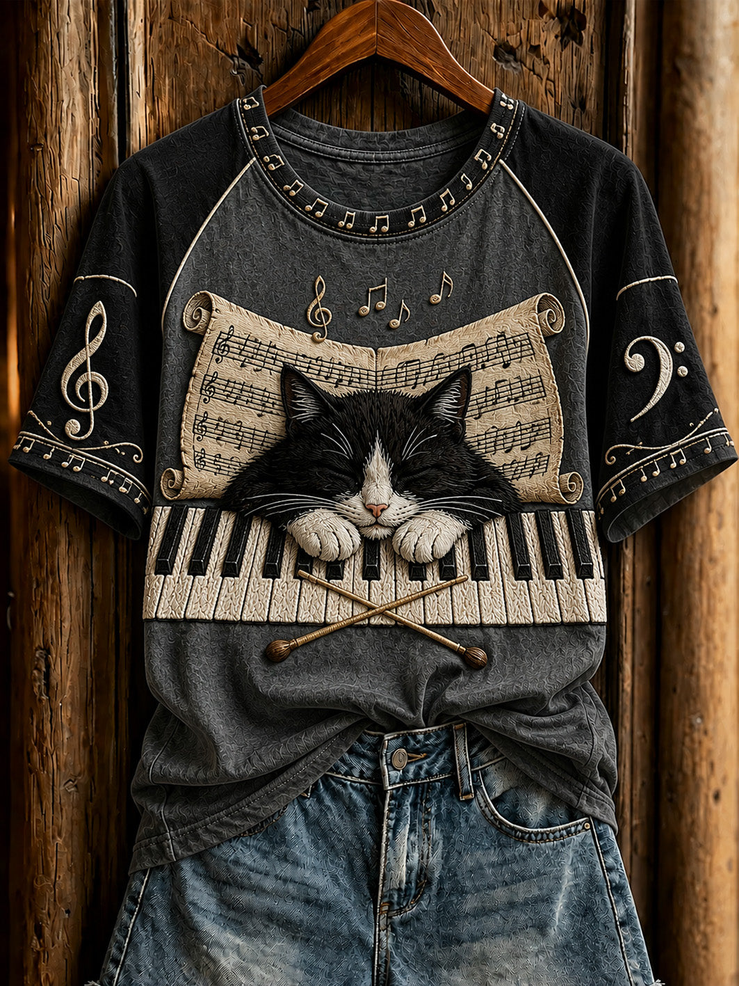 Camiseta casual de manga curta com estampa fofa de gato e piano para mulheres