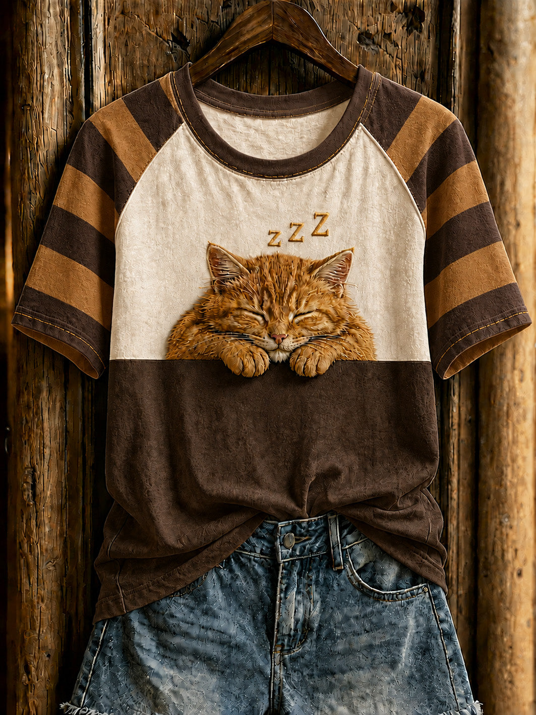 Padrão de gato bonito feminino impresso em torno do pescoço manga curta t-shirt