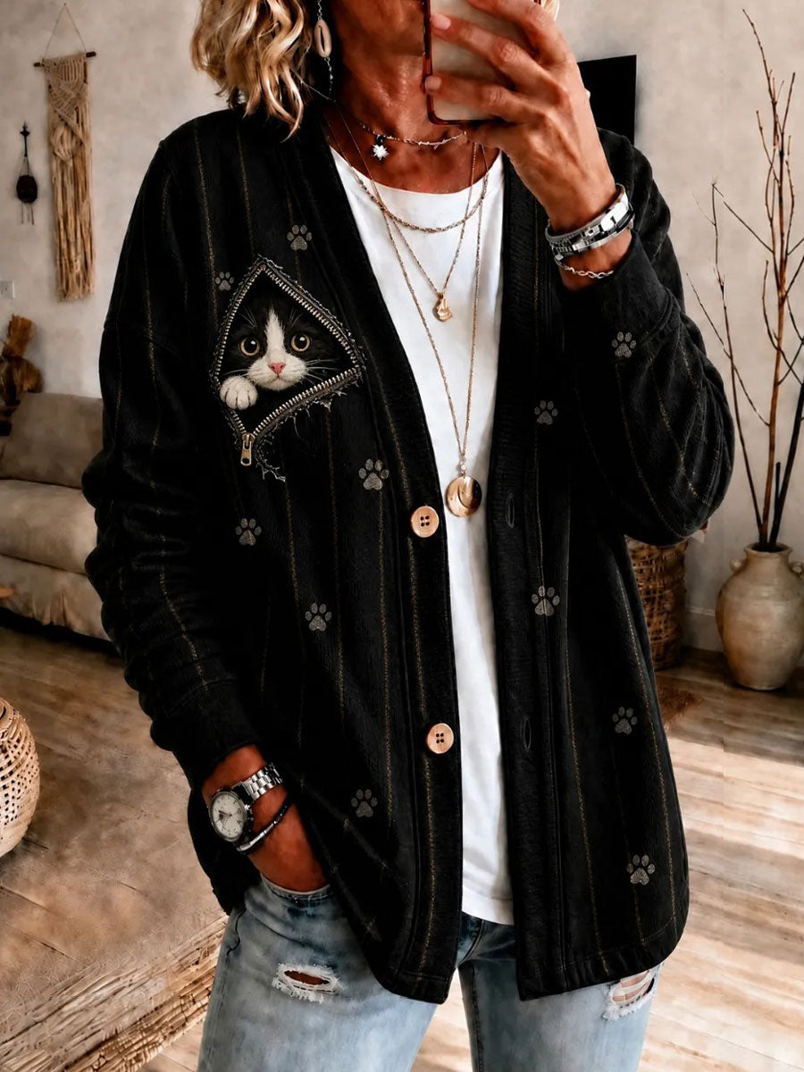 Arte de gato feminino impressão Casual Cardigan