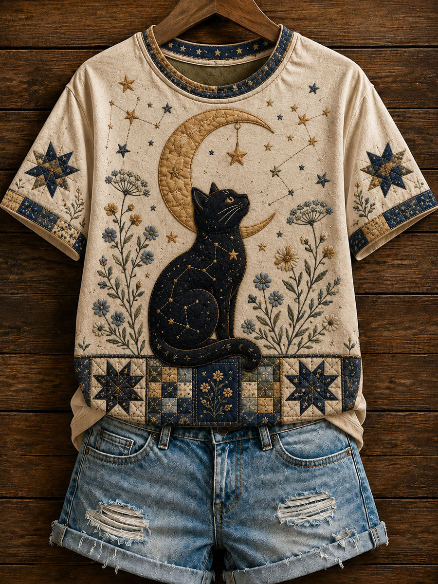 Camiseta Casual de Manga Curta com Estampa de Gato do Zodíaco Feminina