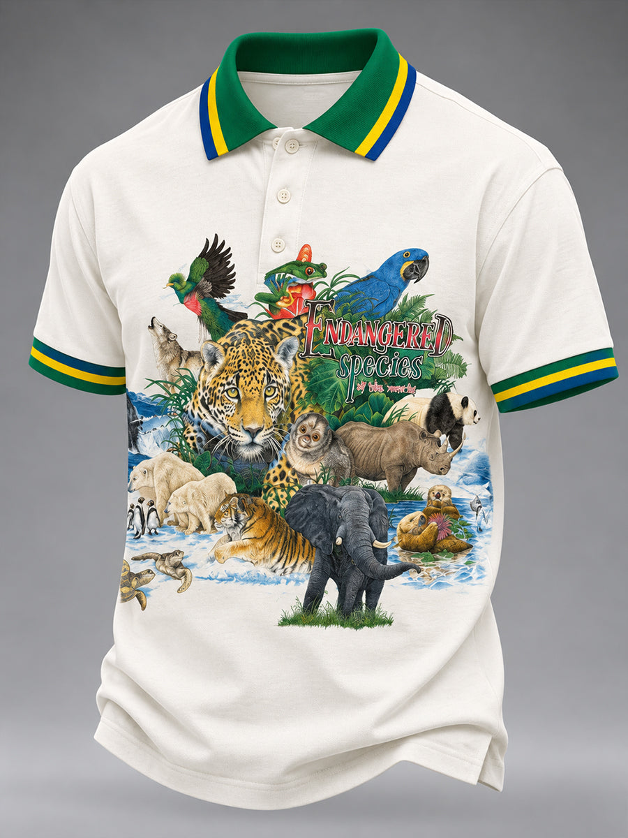 Camisa polo masculina de manga curta com estampas tropicais de animais